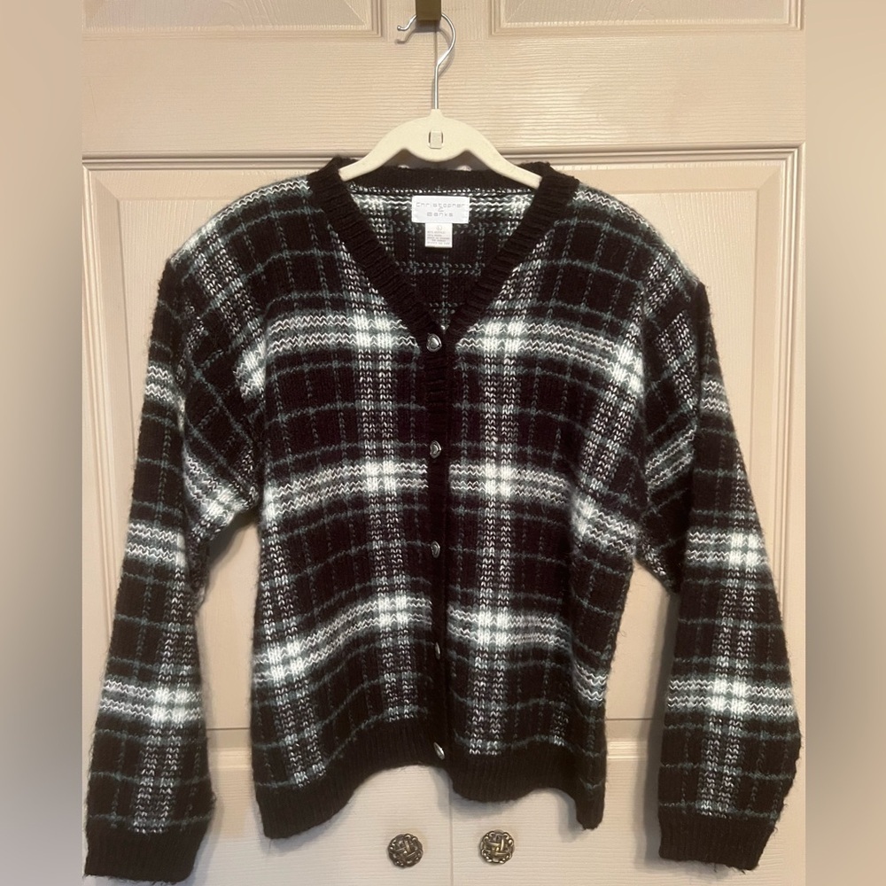 Christopher & Banks Black White and Green Plaid Cardigan